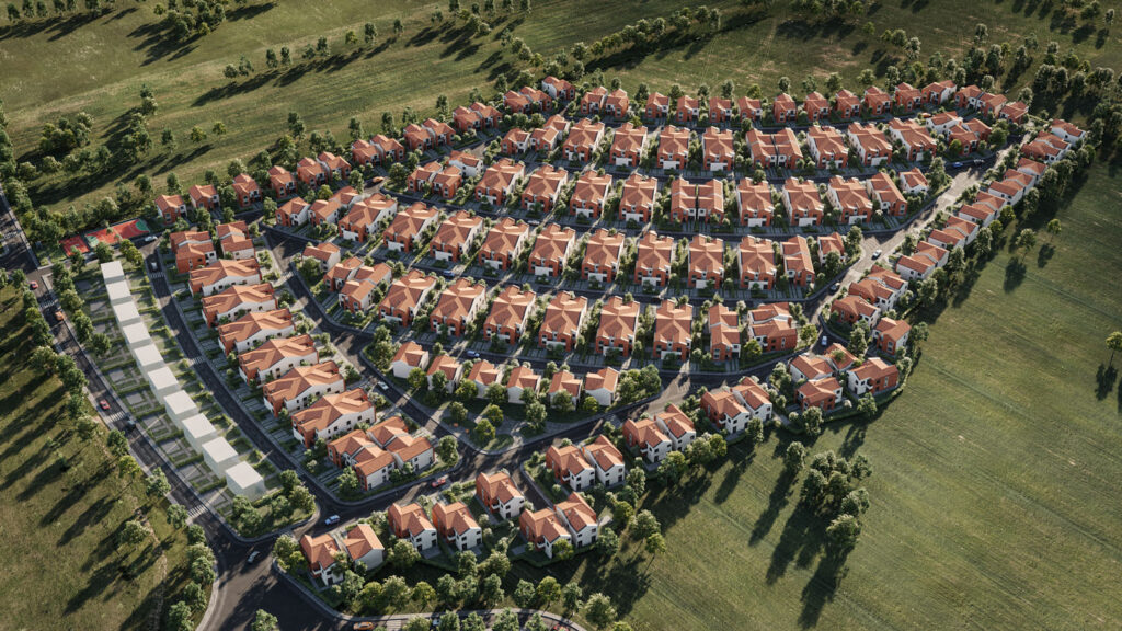 Masterplani i Cherry Village me shtëpi, rrugë, gjelbërim dhe organizimin e komunitetit